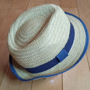 *Free Gift*  Paper hat with blue ribbon trim baby size 6-12 months